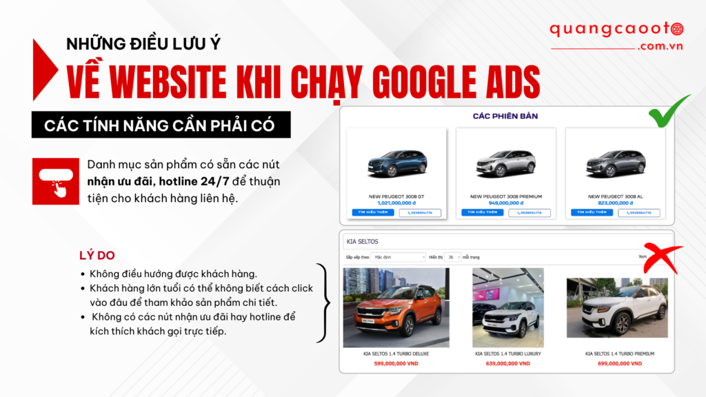 NHỮNG ĐIỀU CẦN LƯU Ý VỀ WEBSITE KHI CHẠY GOOGLE ADS NGÀNH Ô TÔ
